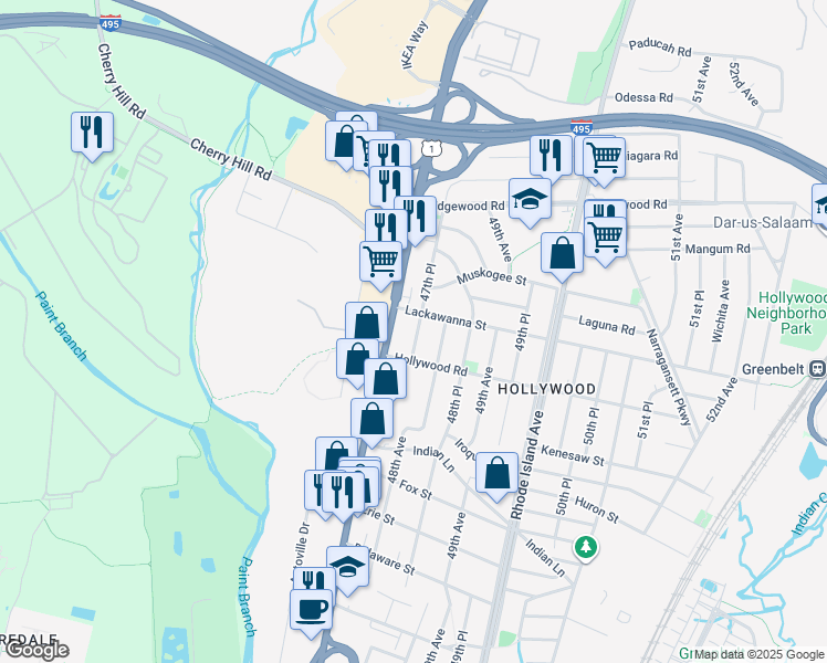 map of restaurants, bars, coffee shops, grocery stores, and more near 9610 47th Place in College Park