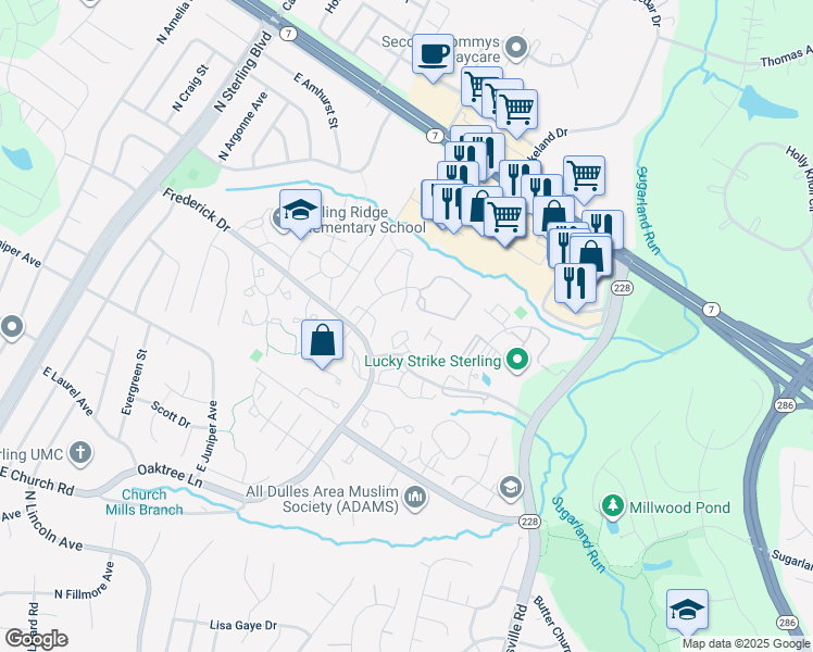 map of restaurants, bars, coffee shops, grocery stores, and more near 46842 Rabbitrun Terrace in Sterling