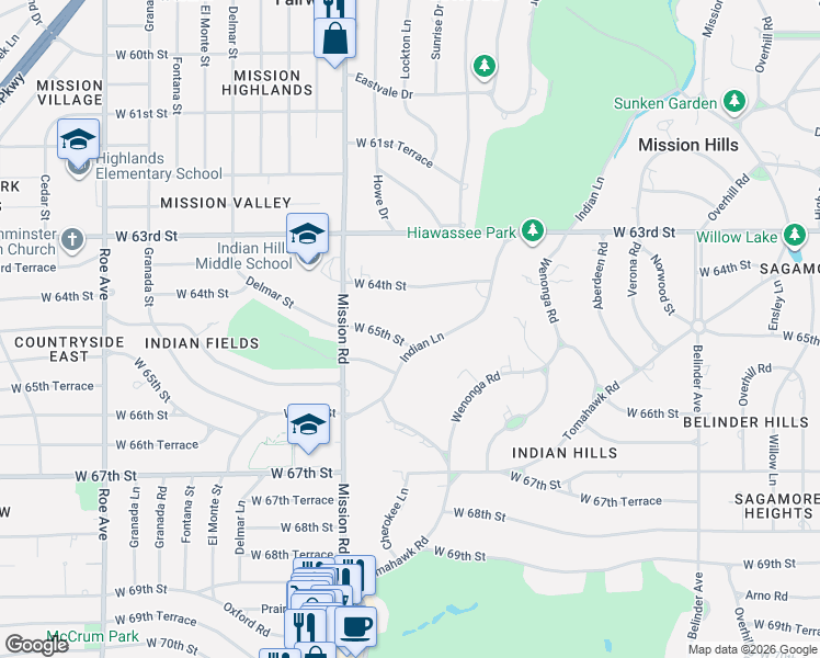 map of restaurants, bars, coffee shops, grocery stores, and more near 3700 West 65th Street in Mission Hills