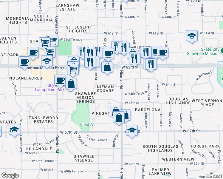 map of restaurants, bars, coffee shops, grocery stores, and more near 11217 West 64th Terrace in Shawnee