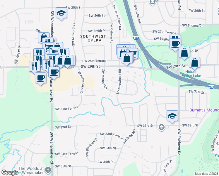 map of restaurants, bars, coffee shops, grocery stores, and more near 3020 Southwest Brush Creek Circle in Topeka