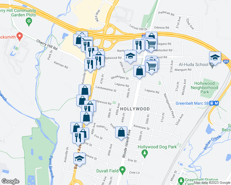 map of restaurants, bars, coffee shops, grocery stores, and more near 4809 Lackawanna Street in College Park