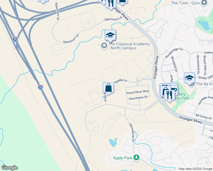 map of restaurants, bars, coffee shops, grocery stores, and more near 702 Thimbleberry Point in Colorado Springs