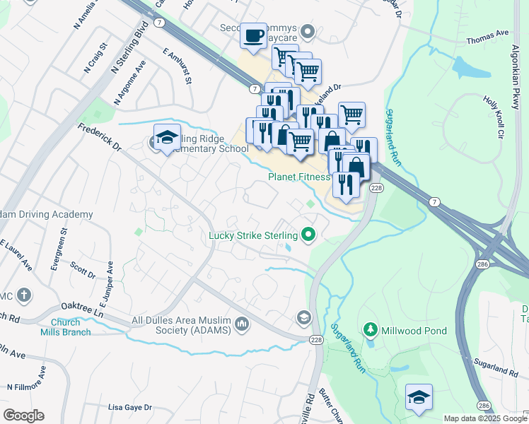 map of restaurants, bars, coffee shops, grocery stores, and more near 46906 Trumpet Circle in Sterling