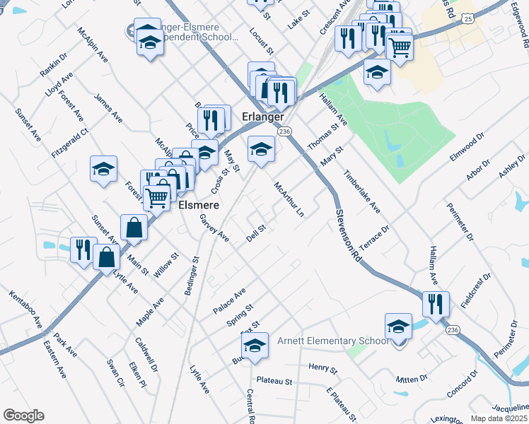 map of restaurants, bars, coffee shops, grocery stores, and more near 3611 Dell Street in Elsmere