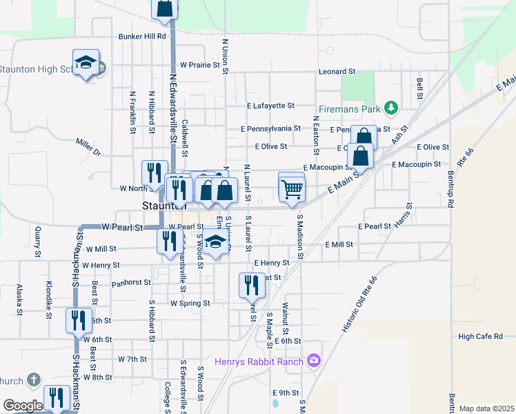 map of restaurants, bars, coffee shops, grocery stores, and more near 212 East Main Street in Staunton