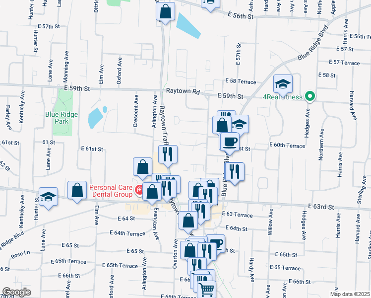 map of restaurants, bars, coffee shops, grocery stores, and more near 9817 East 61st Street in Raytown