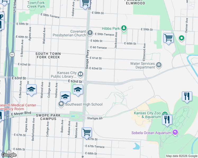map of restaurants, bars, coffee shops, grocery stores, and more near 3830 East 63rd Street in Kansas City