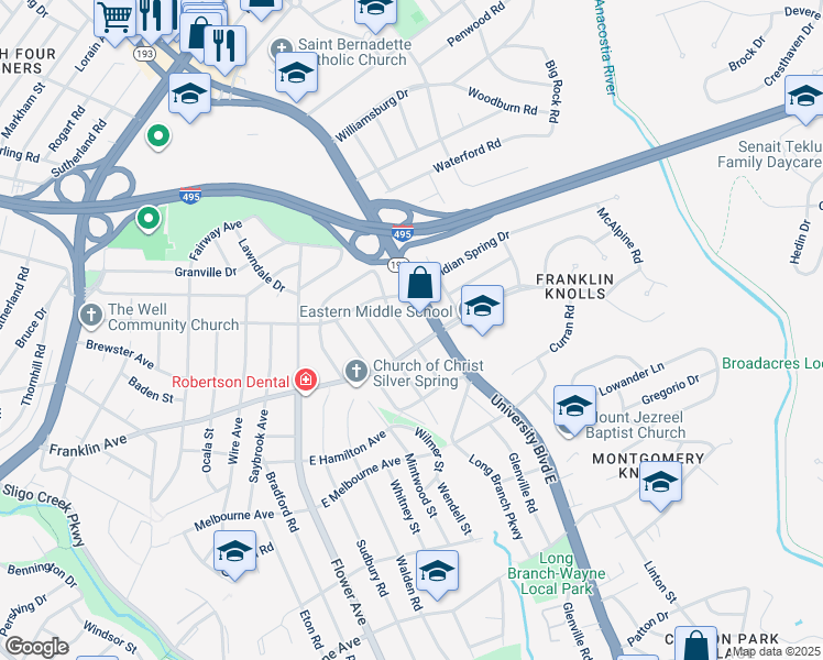 map of restaurants, bars, coffee shops, grocery stores, and more near 9507 Garwood Street in Silver Spring