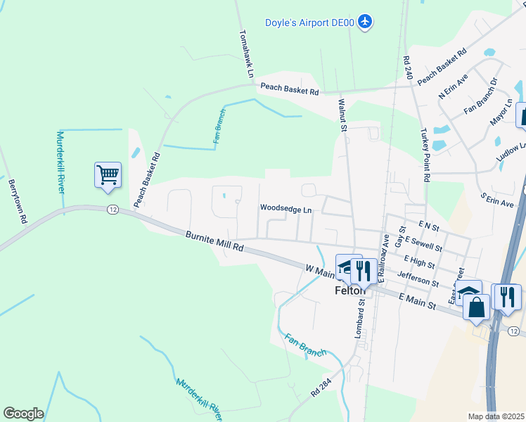map of restaurants, bars, coffee shops, grocery stores, and more near 310 Woodsedge Lane in Felton