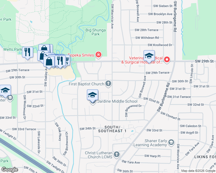 map of restaurants, bars, coffee shops, grocery stores, and more near 3033 Southwest Macvicar Avenue in Topeka