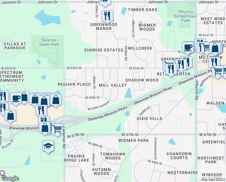 map of restaurants, bars, coffee shops, grocery stores, and more near 6432 Greenwood Street in Shawnee