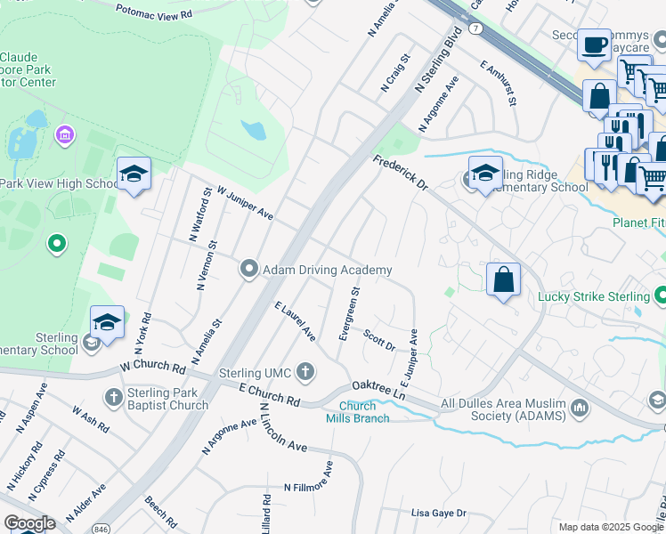map of restaurants, bars, coffee shops, grocery stores, and more near 905 Croydon Court in Sterling