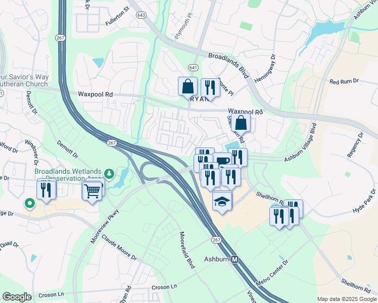 map of restaurants, bars, coffee shops, grocery stores, and more near 21854 Goodwood Terrace in Ashburn