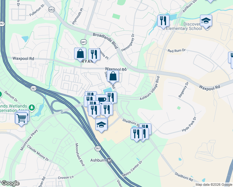 map of restaurants, bars, coffee shops, grocery stores, and more near State Route 643 in Ashburn