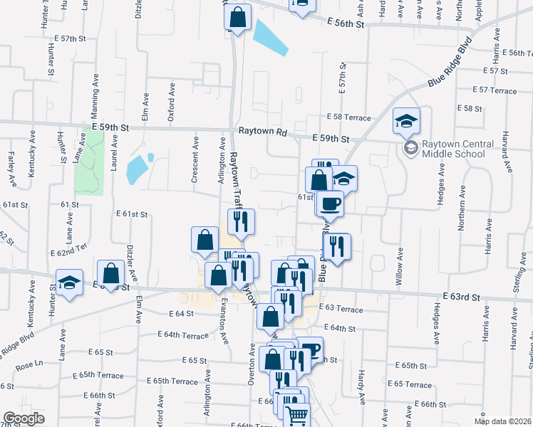map of restaurants, bars, coffee shops, grocery stores, and more near 9817 East 61st Street in Raytown