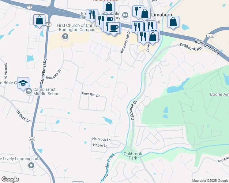 map of restaurants, bars, coffee shops, grocery stores, and more near 2503 Paragon Mill Drive in Burlington