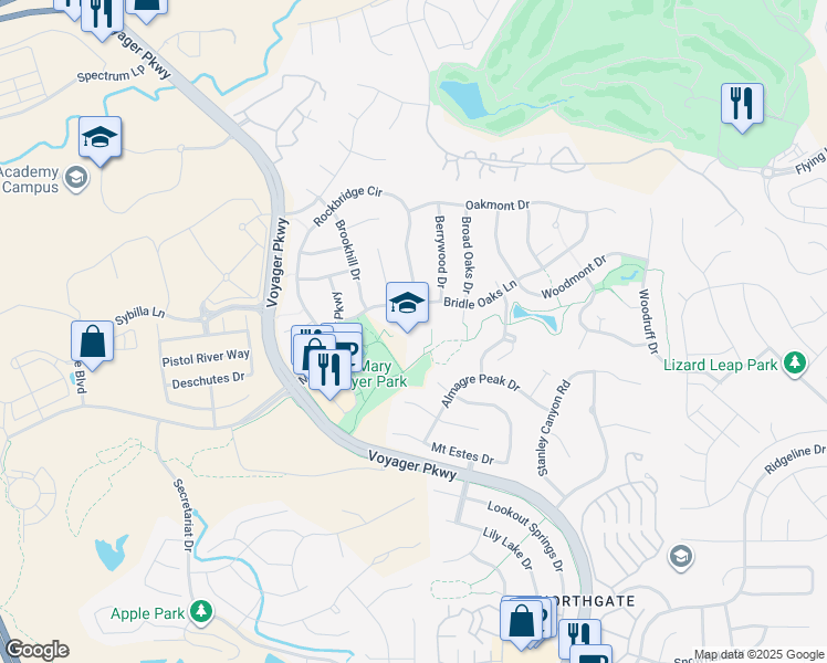 map of restaurants, bars, coffee shops, grocery stores, and more near 1335 Bridle Oaks Lane in Colorado Springs