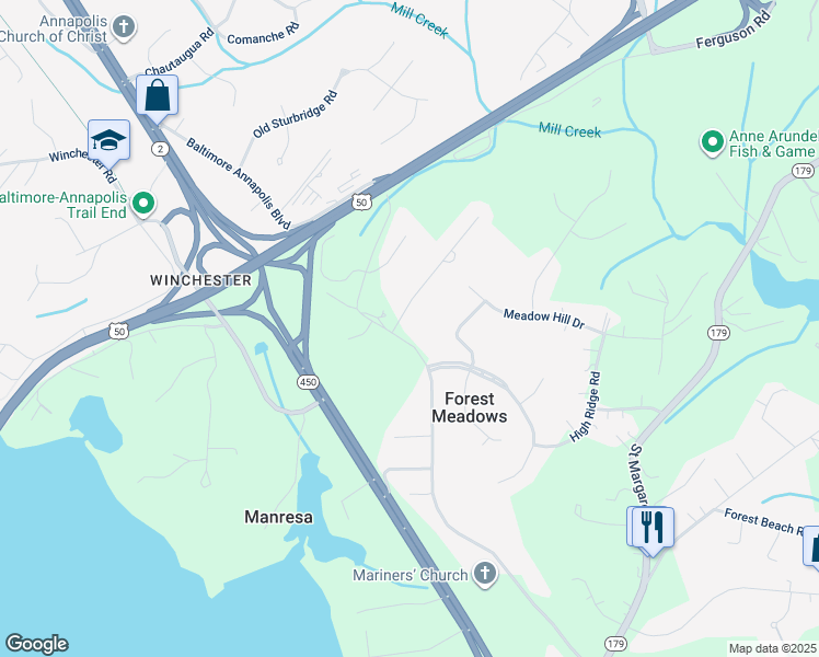 map of restaurants, bars, coffee shops, grocery stores, and more near 201 Mount Oak Place in Annapolis