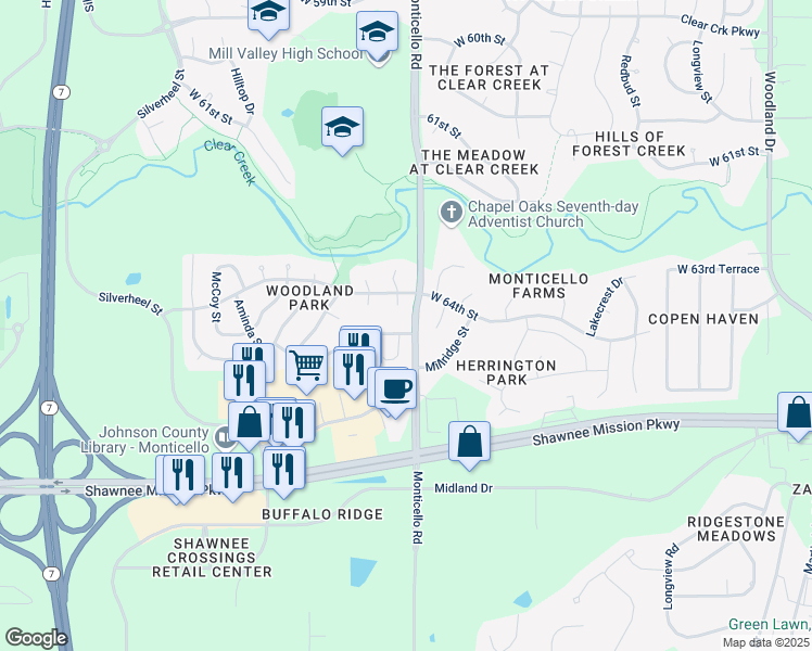 map of restaurants, bars, coffee shops, grocery stores, and more near 22003 West 64th Terrace in Shawnee