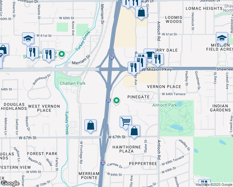 map of restaurants, bars, coffee shops, grocery stores, and more near 6451 East Frontage Road in Overland Park
