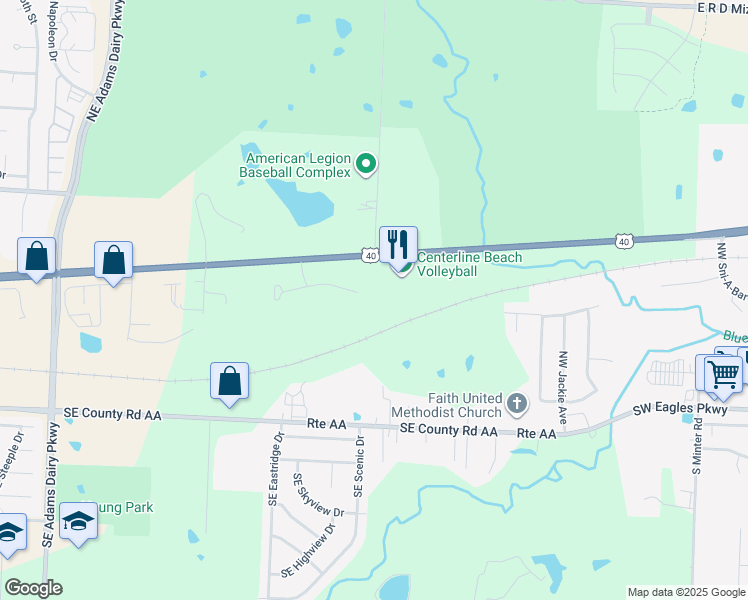 map of restaurants, bars, coffee shops, grocery stores, and more near 1860 Southeast Timbercreek Court in Blue Springs