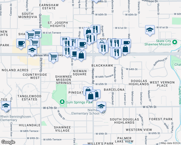 map of restaurants, bars, coffee shops, grocery stores, and more near 11115 West 64th Terrace in Shawnee