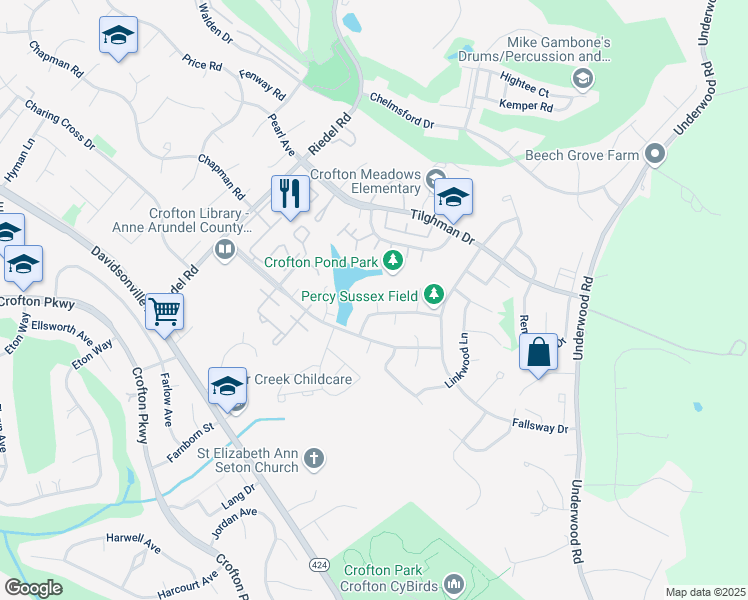 map of restaurants, bars, coffee shops, grocery stores, and more near 1974 Cambridge Drive in Crofton