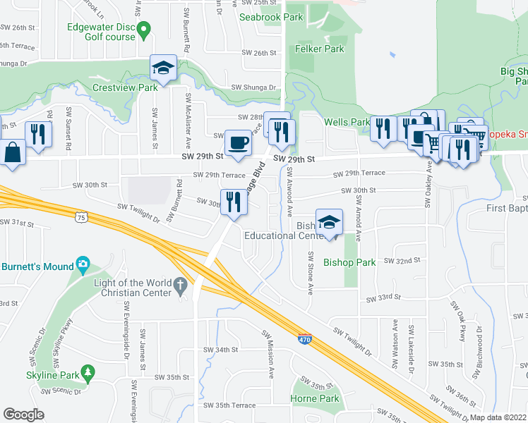 map of restaurants, bars, coffee shops, grocery stores, and more near 3031 Southwest Lydia Avenue in Topeka