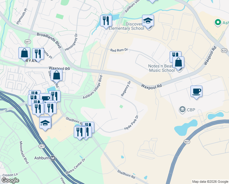 map of restaurants, bars, coffee shops, grocery stores, and more near 21862 Hyde Park Drive in Ashburn