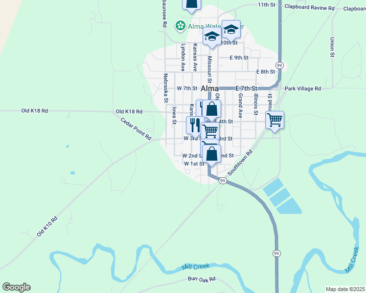 map of restaurants, bars, coffee shops, grocery stores, and more near 215 Kansas Avenue in Alma