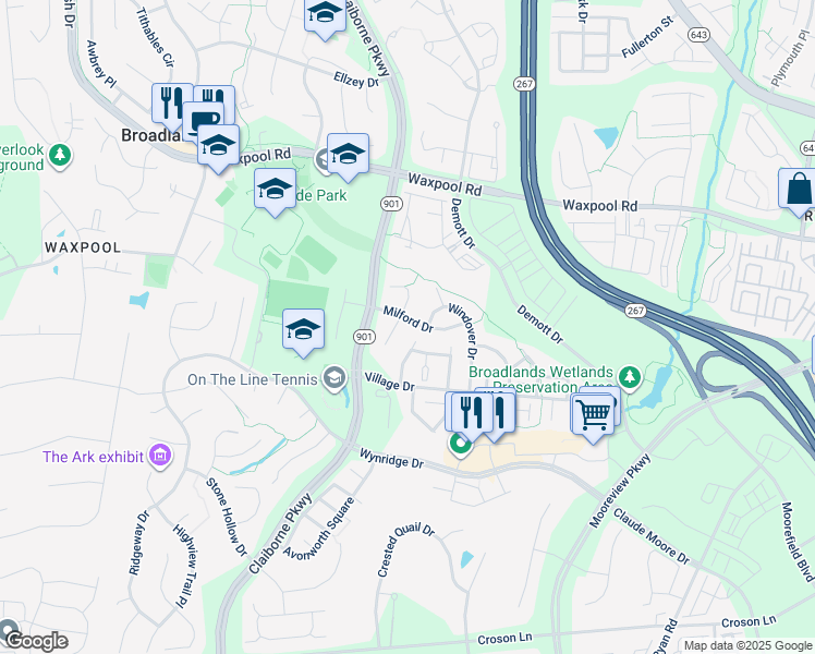 map of restaurants, bars, coffee shops, grocery stores, and more near 40397 Milford Drive in Broadlands