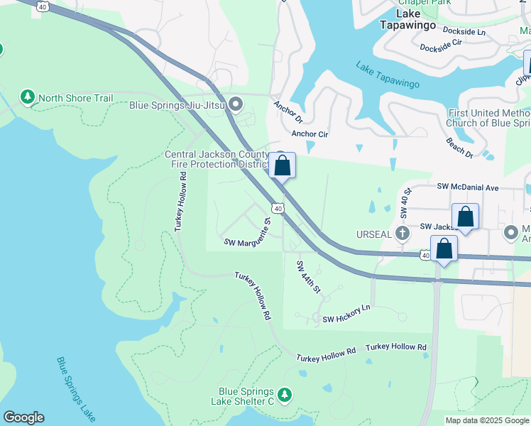 map of restaurants, bars, coffee shops, grocery stores, and more near 5070 Southwest Marguerite Street in Blue Springs