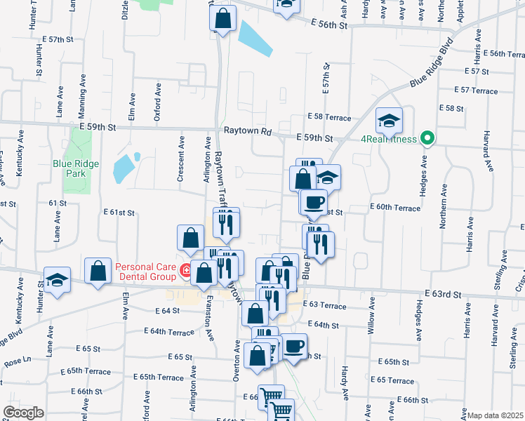 map of restaurants, bars, coffee shops, grocery stores, and more near 6124 Raytown Road in Raytown