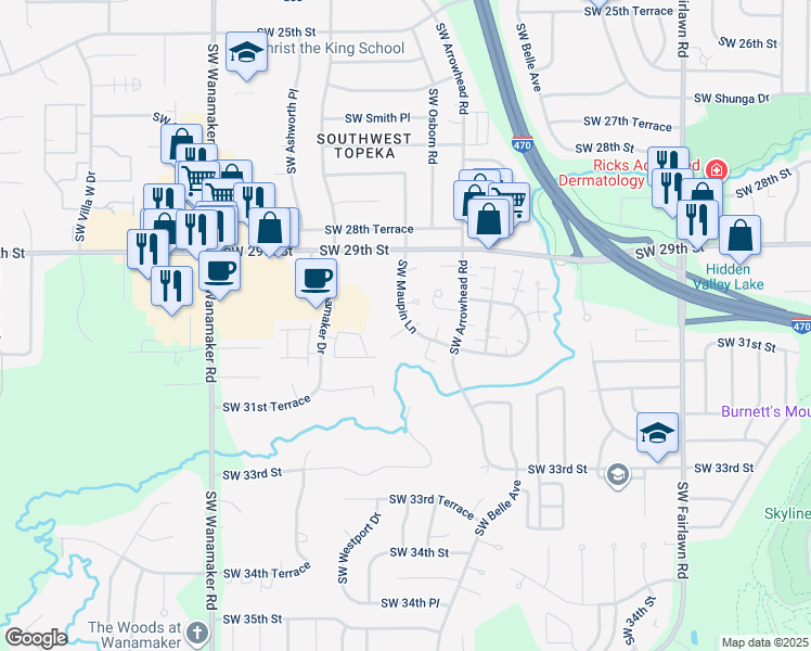 map of restaurants, bars, coffee shops, grocery stores, and more near 3020 Southwest Brush Creek Circle in Topeka