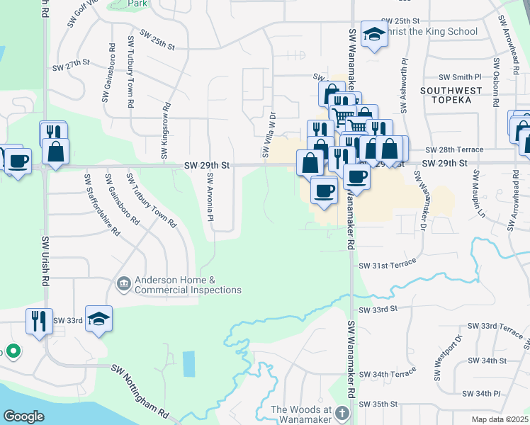 map of restaurants, bars, coffee shops, grocery stores, and more near 3033 Southwest Villa West Drive in Topeka