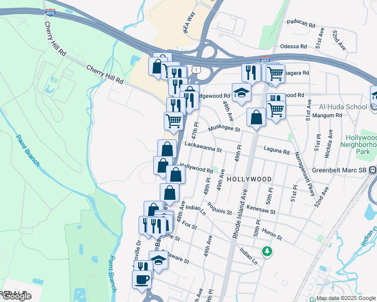 map of restaurants, bars, coffee shops, grocery stores, and more near 9612 47th Place in College Park