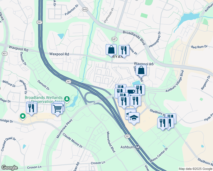 map of restaurants, bars, coffee shops, grocery stores, and more near 43585 Patching Pond Square in Ashburn
