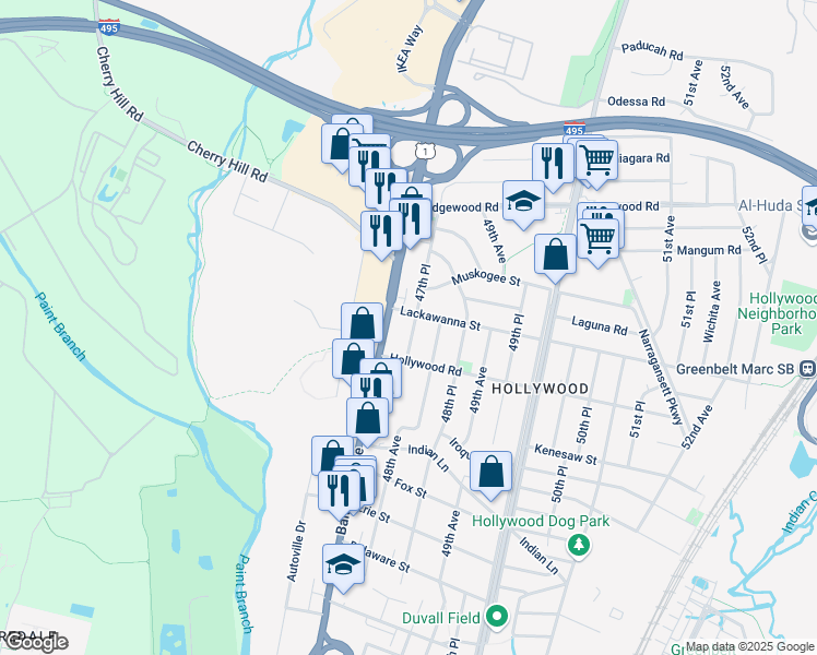 map of restaurants, bars, coffee shops, grocery stores, and more near 9612 47th Place in College Park
