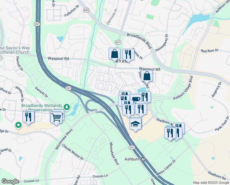 map of restaurants, bars, coffee shops, grocery stores, and more near 21854 Goodwood Terrace in Ashburn