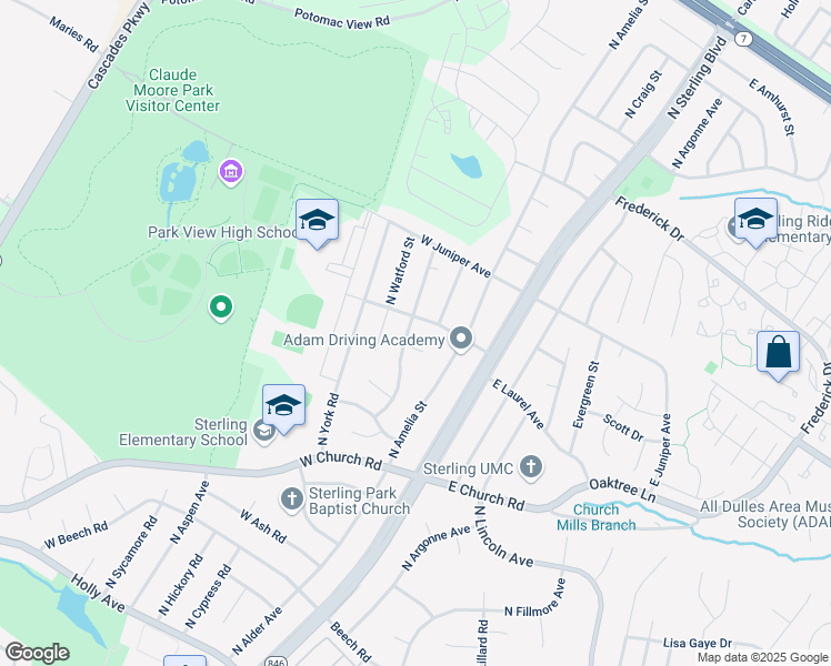 map of restaurants, bars, coffee shops, grocery stores, and more near 732 North Vernon Street in Sterling