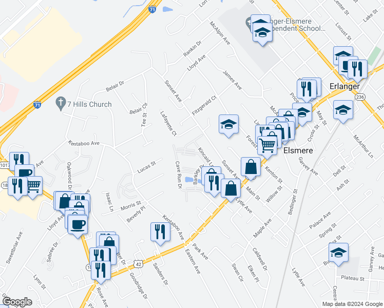 map of restaurants, bars, coffee shops, grocery stores, and more near 155G17 Green River Drive in Erlanger