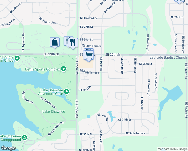 map of restaurants, bars, coffee shops, grocery stores, and more near 3719 Southeast 30th Terrace in Topeka