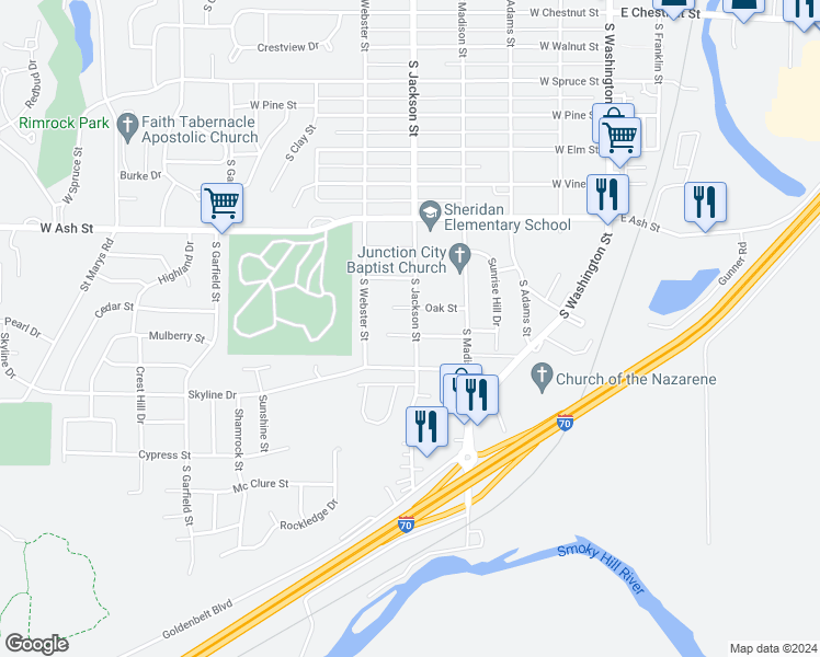 map of restaurants, bars, coffee shops, grocery stores, and more near 502 Maple Street in Junction City