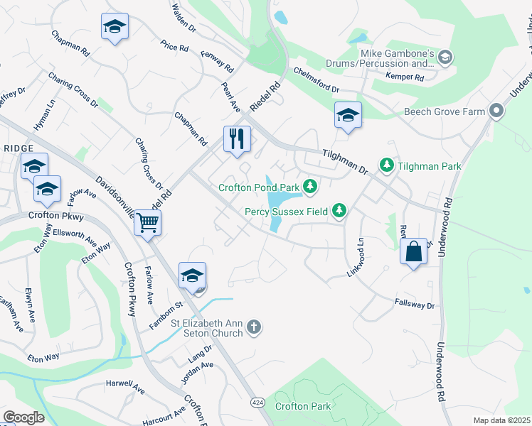 map of restaurants, bars, coffee shops, grocery stores, and more near 1721 Leisure Way in Crofton