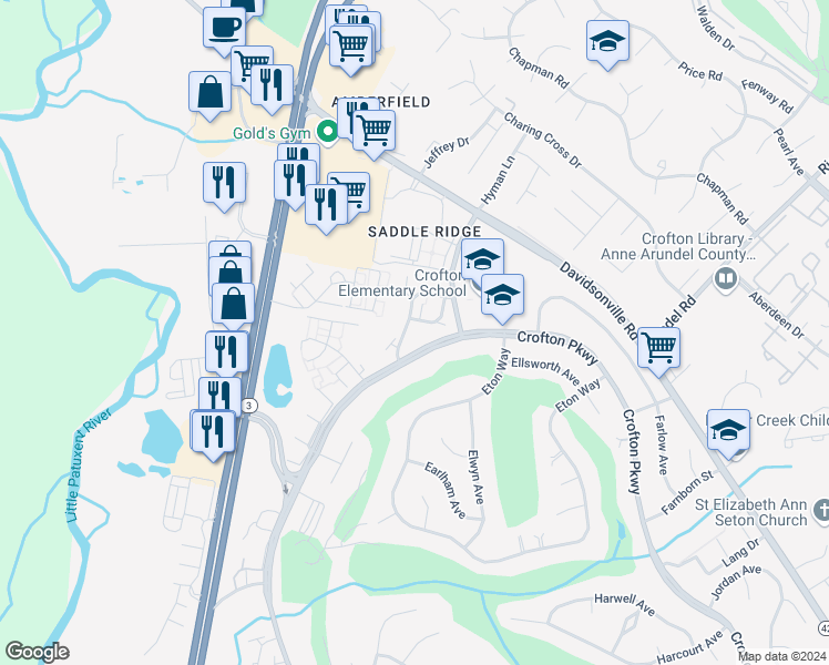 map of restaurants, bars, coffee shops, grocery stores, and more near 1611 Dryden Way in Crofton