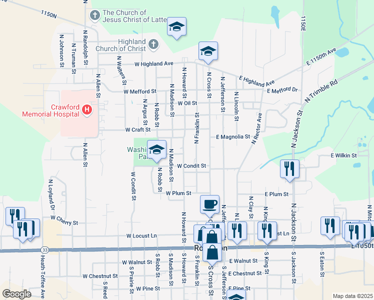 map of restaurants, bars, coffee shops, grocery stores, and more near 701-999 N Franklin St in Robinson