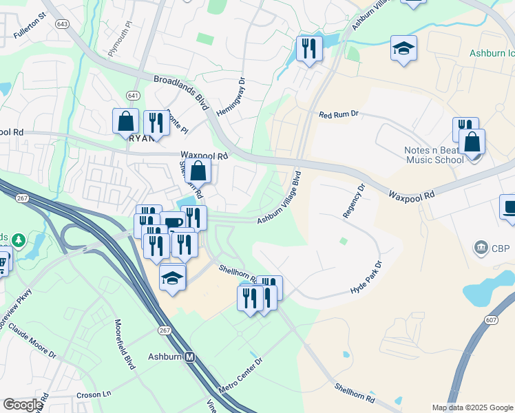 map of restaurants, bars, coffee shops, grocery stores, and more near 43790 Metro Terrace in Ashburn