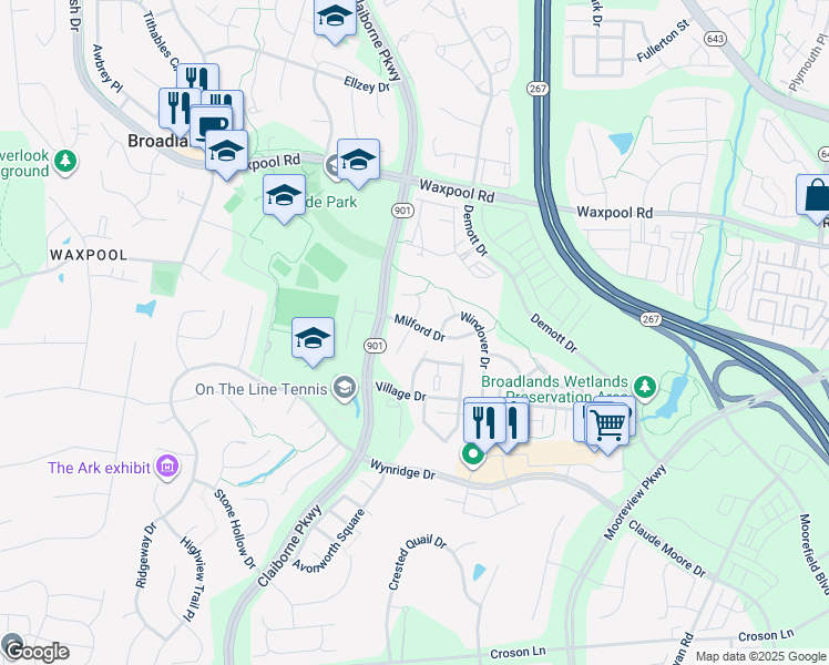 map of restaurants, bars, coffee shops, grocery stores, and more near 40393 Milford Drive in Broadlands
