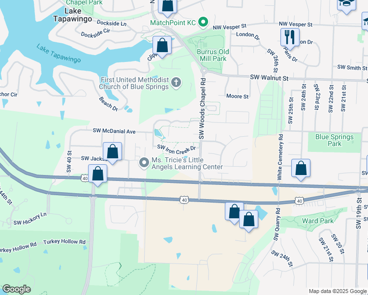 map of restaurants, bars, coffee shops, grocery stores, and more near 3231 Southwest Iron Creek Drive in Blue Springs